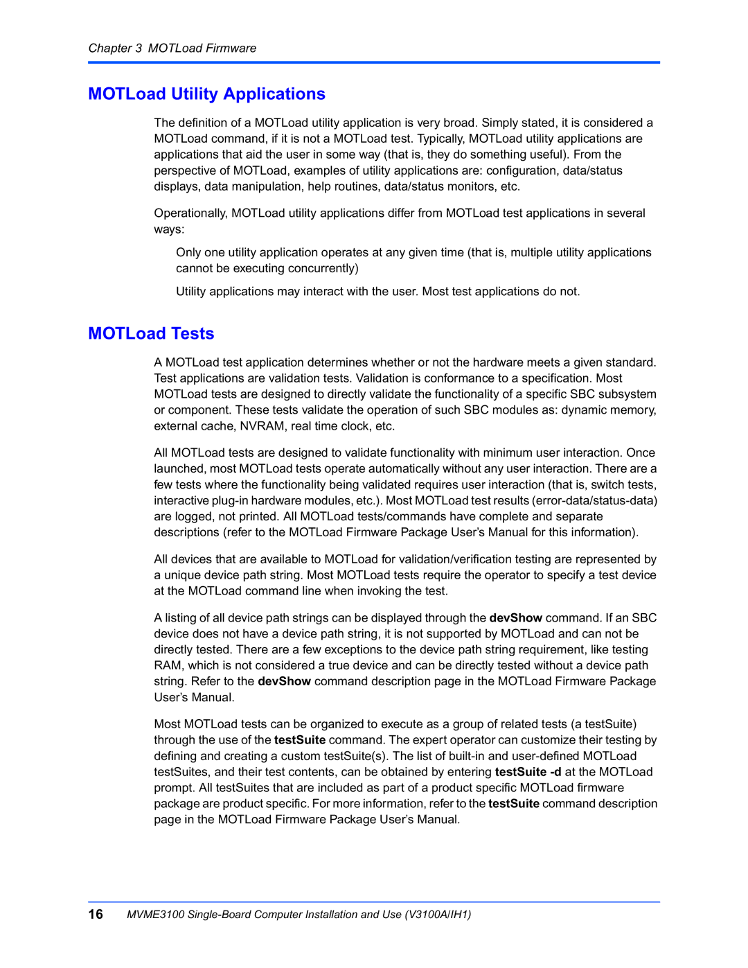 Motorola MVME3100 manual MOTLoad Utility Applications, MOTLoad Tests 