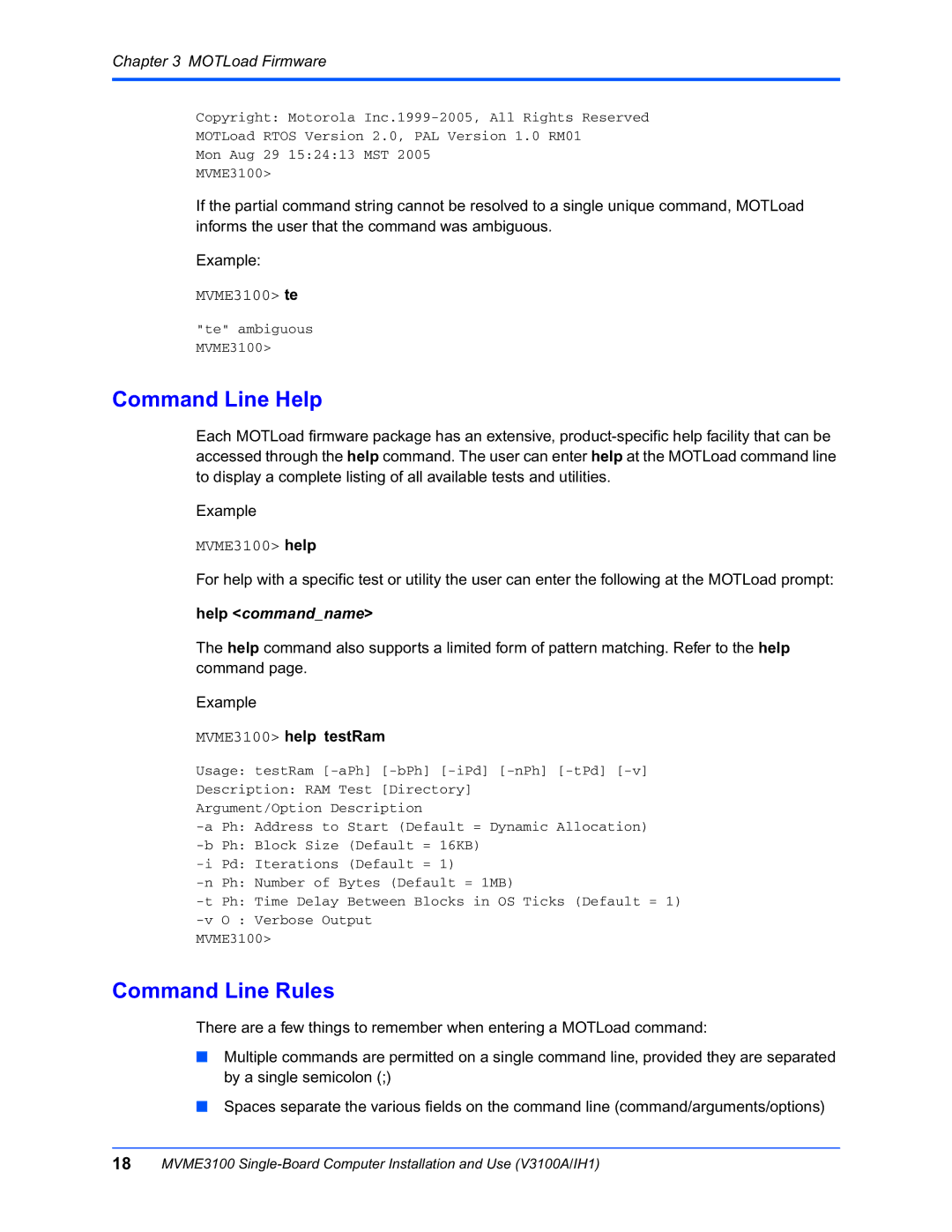 Motorola MVME3100 manual Command Line Help, Command Line Rules 