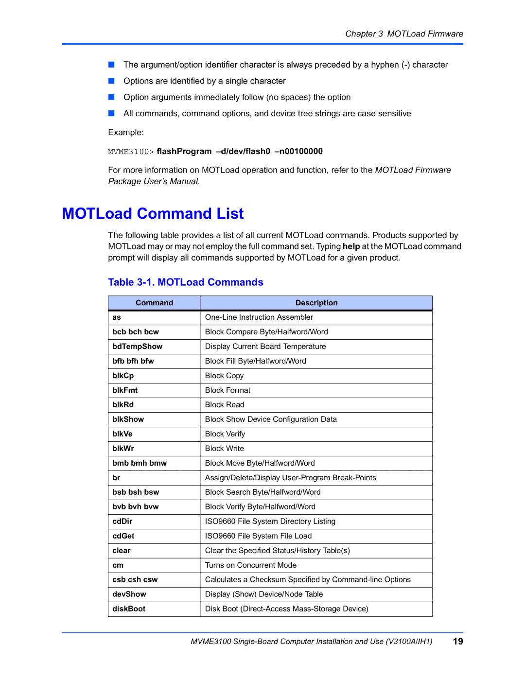 Motorola MVME3100 manual MOTLoad Command List, MOTLoad Commands 