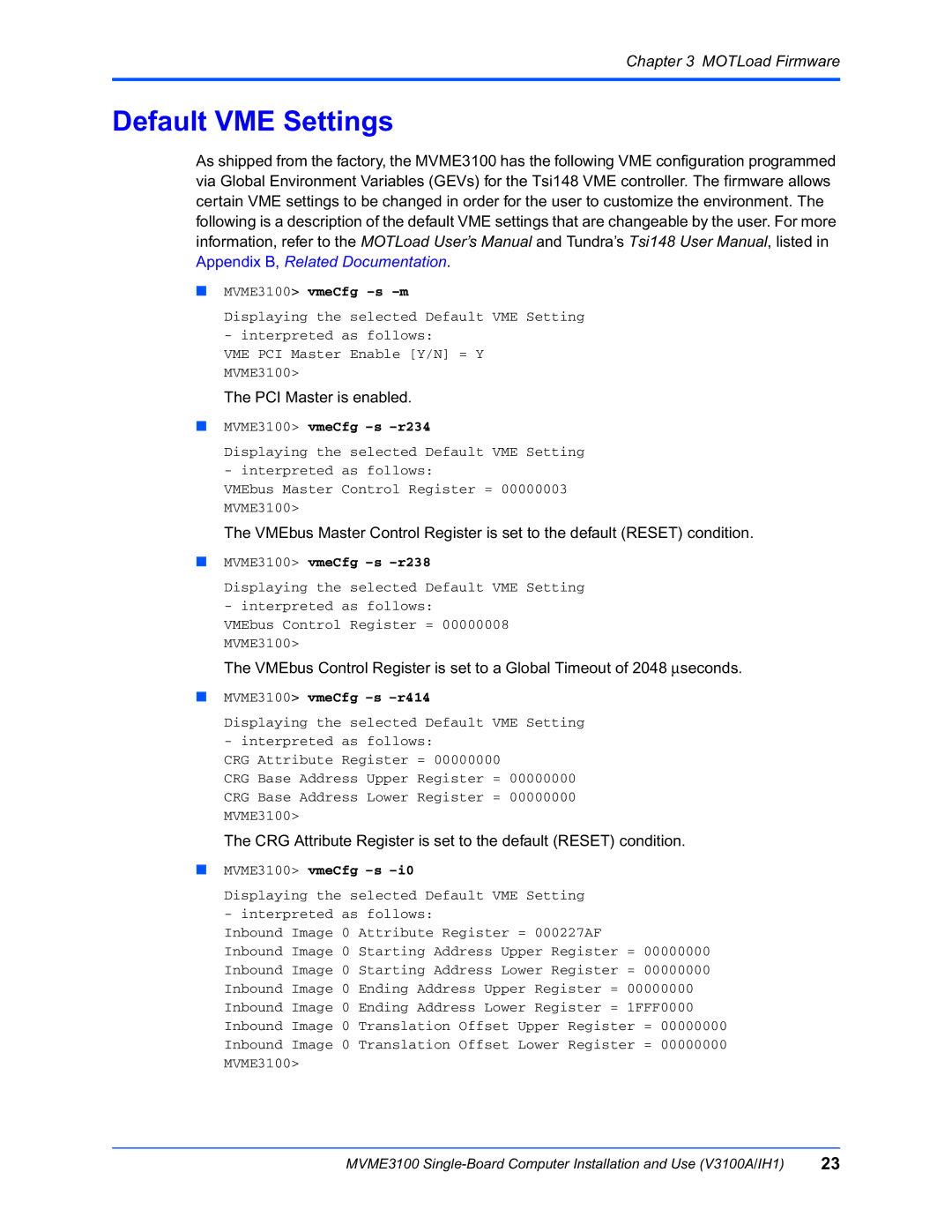 Motorola manual Default VME Settings, MVME3100 vmeCfg -s -m 