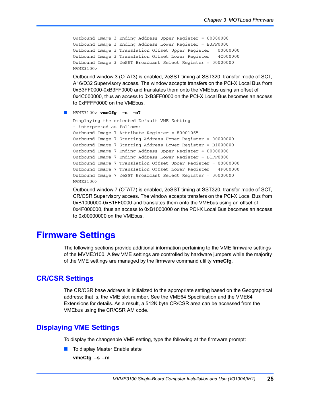 Motorola MVME3100 manual Firmware Settings, CR/CSR Settings, Displaying VME Settings 