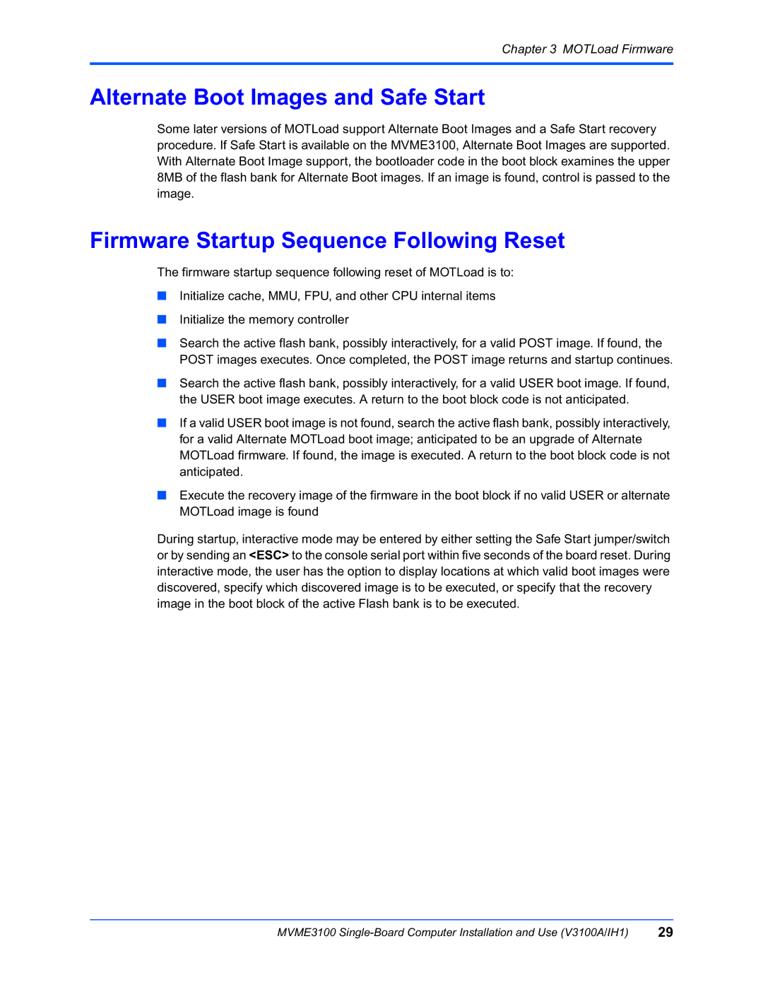 Motorola MVME3100 manual Alternate Boot Images and Safe Start, Firmware Startup Sequence Following Reset 