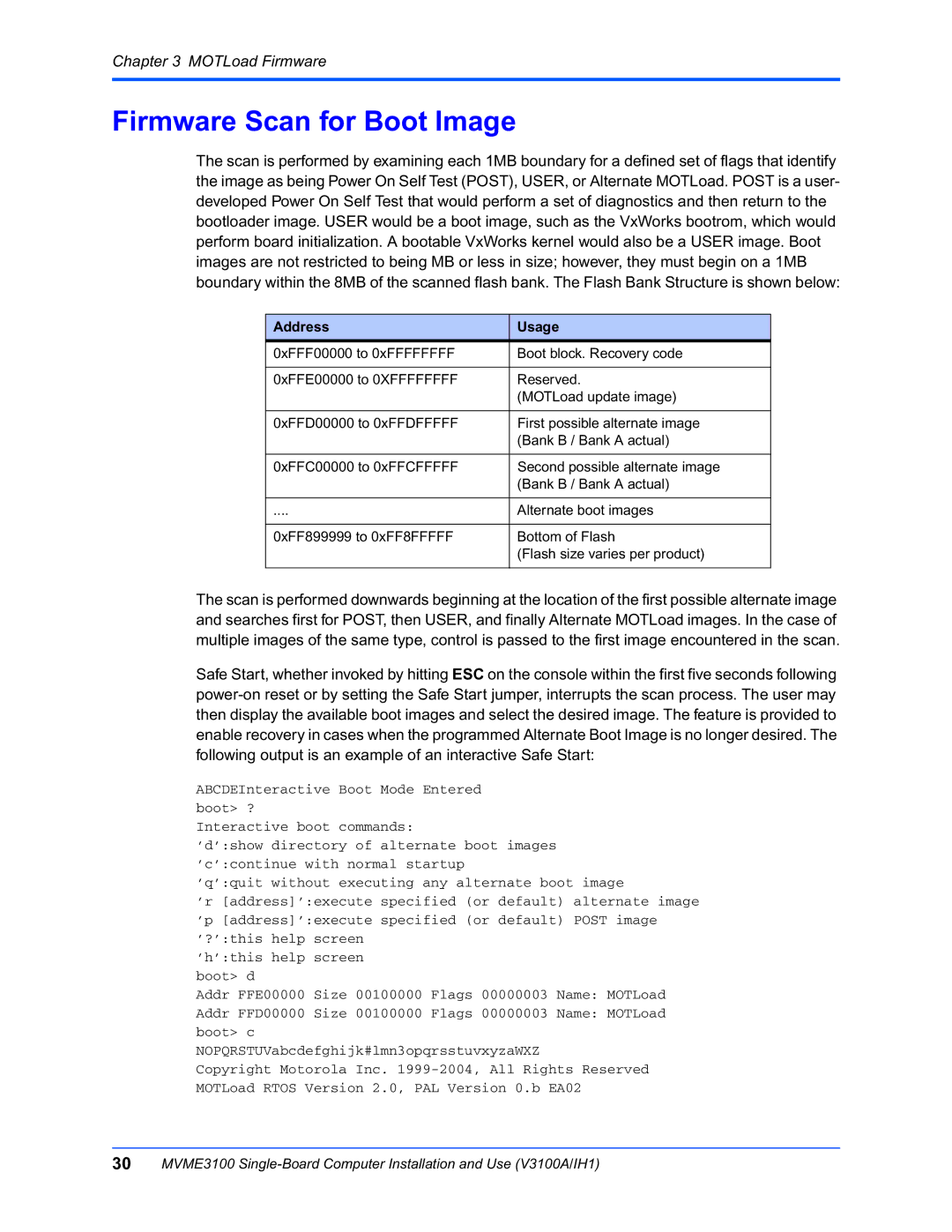 Motorola MVME3100 manual Firmware Scan for Boot Image, Address Usage 