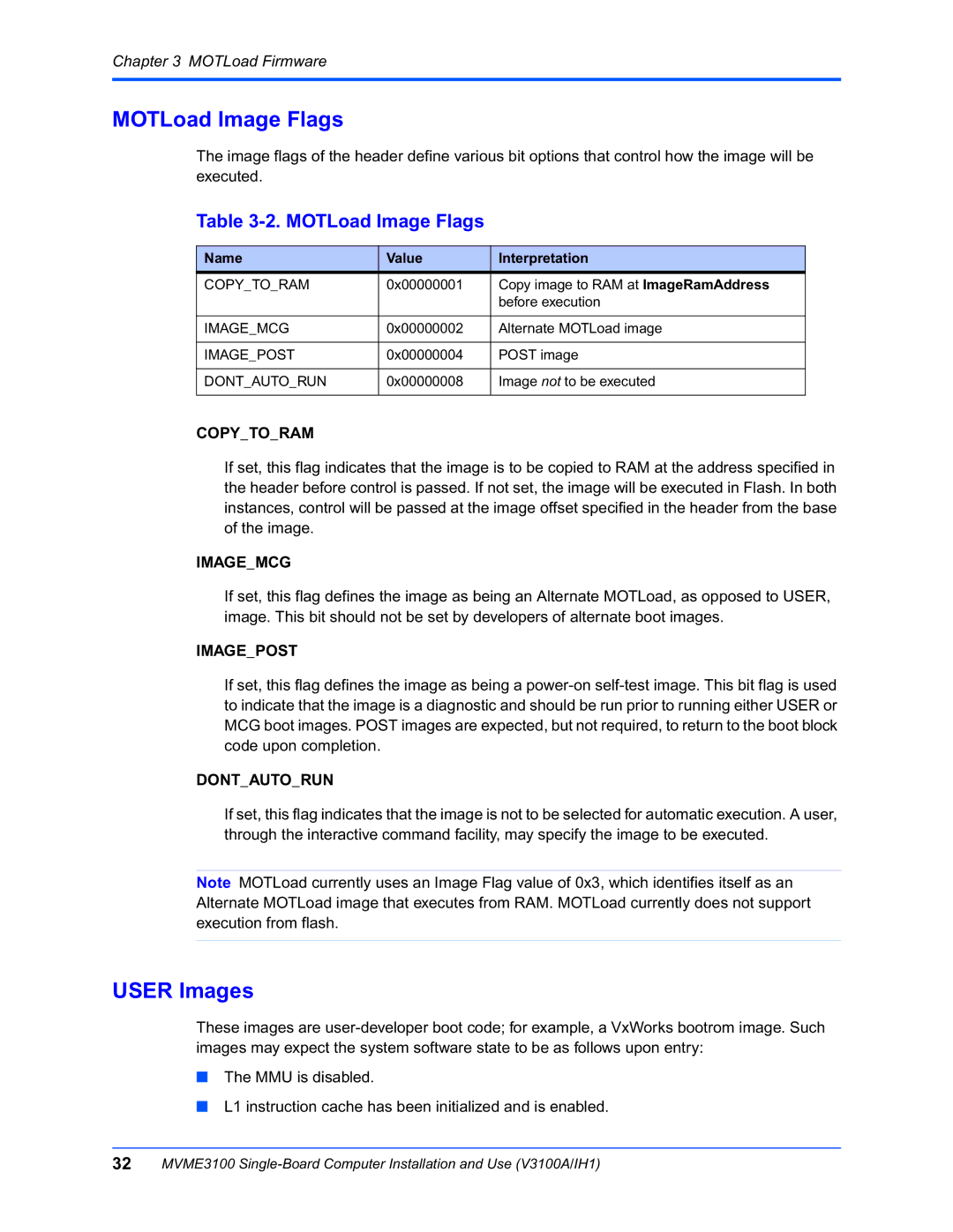 Motorola MVME3100 manual MOTLoad Image Flags, User Images, Name Value Interpretation 