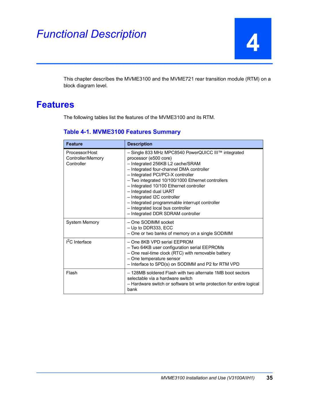 Motorola manual Functional Description, MVME3100 Features Summary, Feature Description 