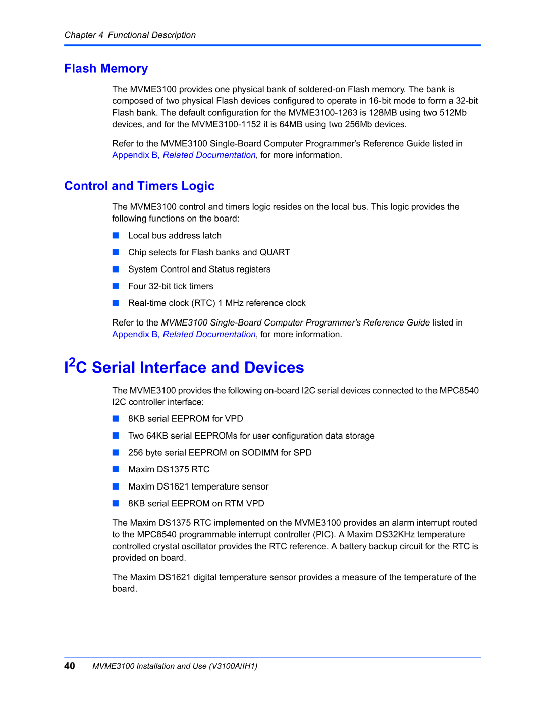 Motorola MVME3100 manual I2C Serial Interface and Devices, Flash Memory, Control and Timers Logic 