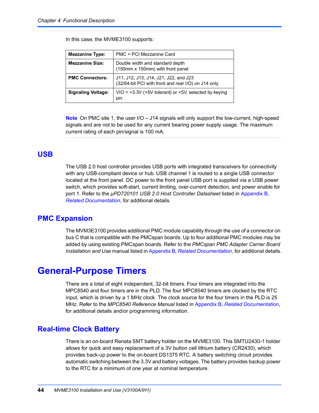 Motorola MVME3100 manual General-Purpose Timers, PMC Expansion, Real-time Clock Battery 