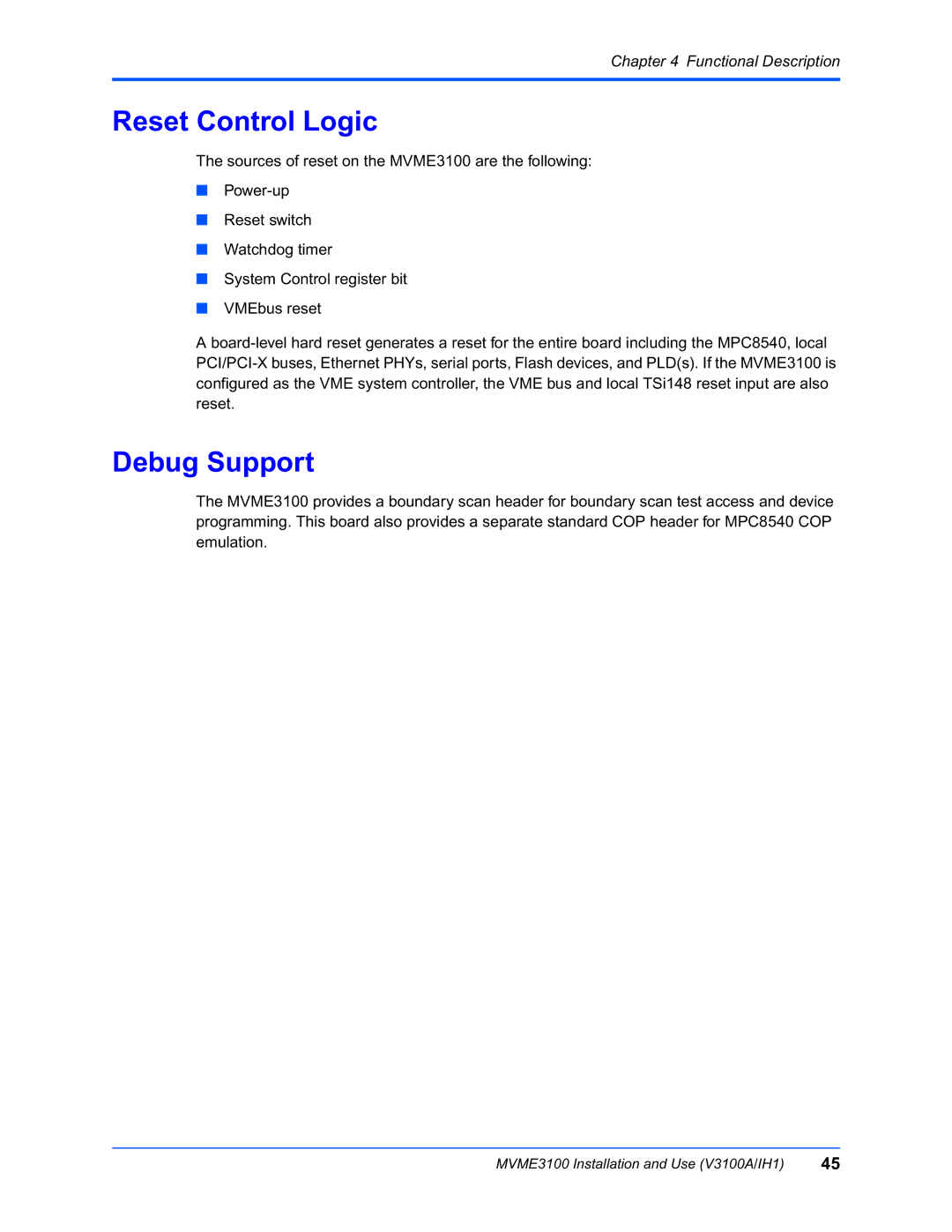 Motorola MVME3100 manual Reset Control Logic, Debug Support 