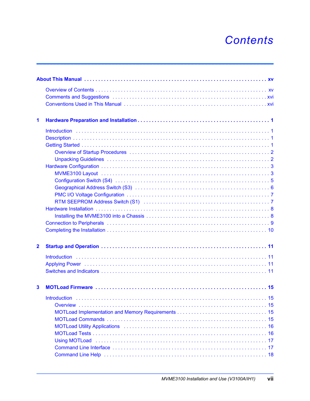 Motorola MVME3100 manual Contents 