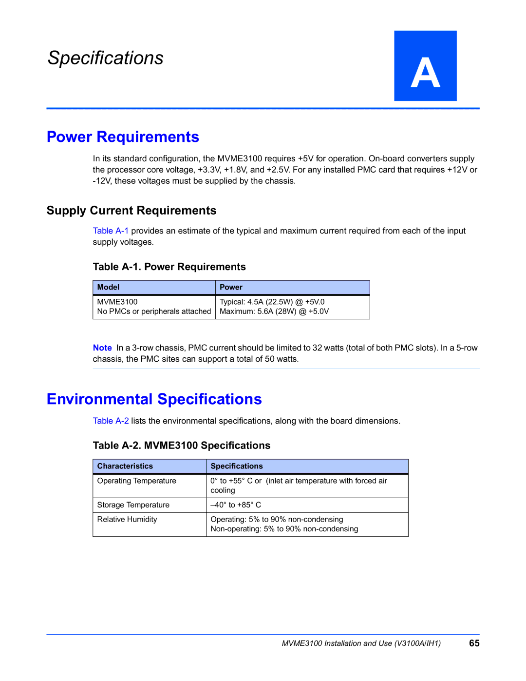 Motorola MVME3100 manual Power Requirements, Environmental Specifications, Model Power, Characteristics Specifications 