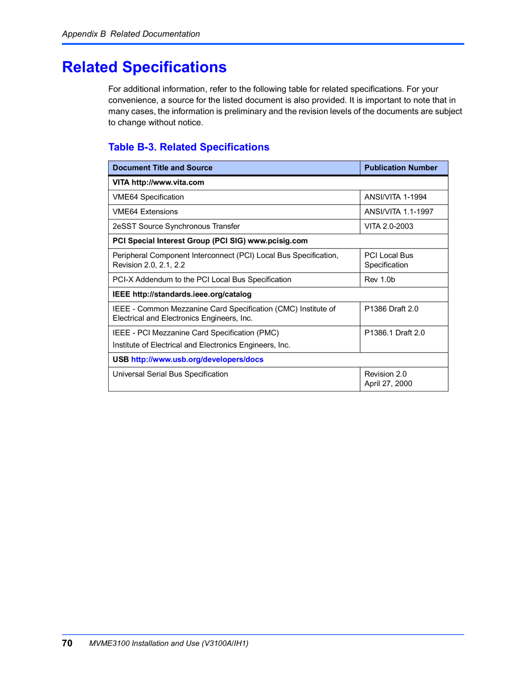 Motorola MVME3100 manual Table B-3. Related Specifications, Ieee http//standards.ieee.org/catalog 