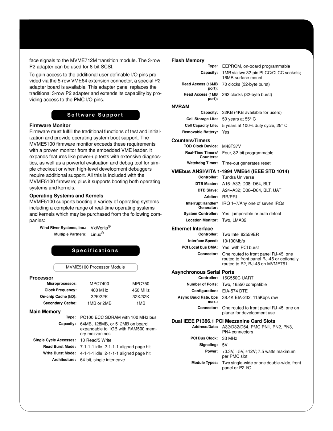 Motorola MVME5100 Series manual F t w a r e S u p p o r t, Specification s 