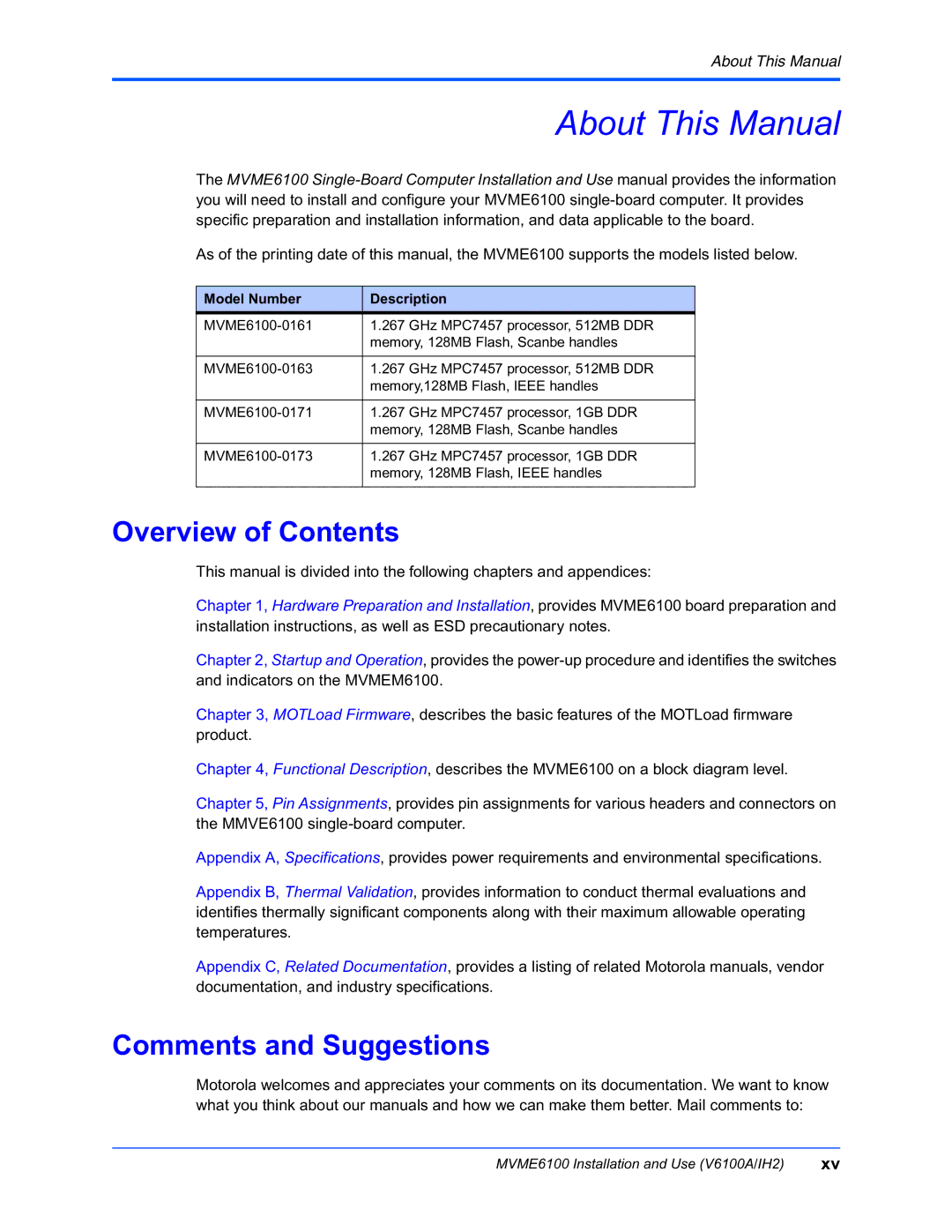 Motorola MVME6100 manual About This Manual, Overview of Contents, Comments and Suggestions 