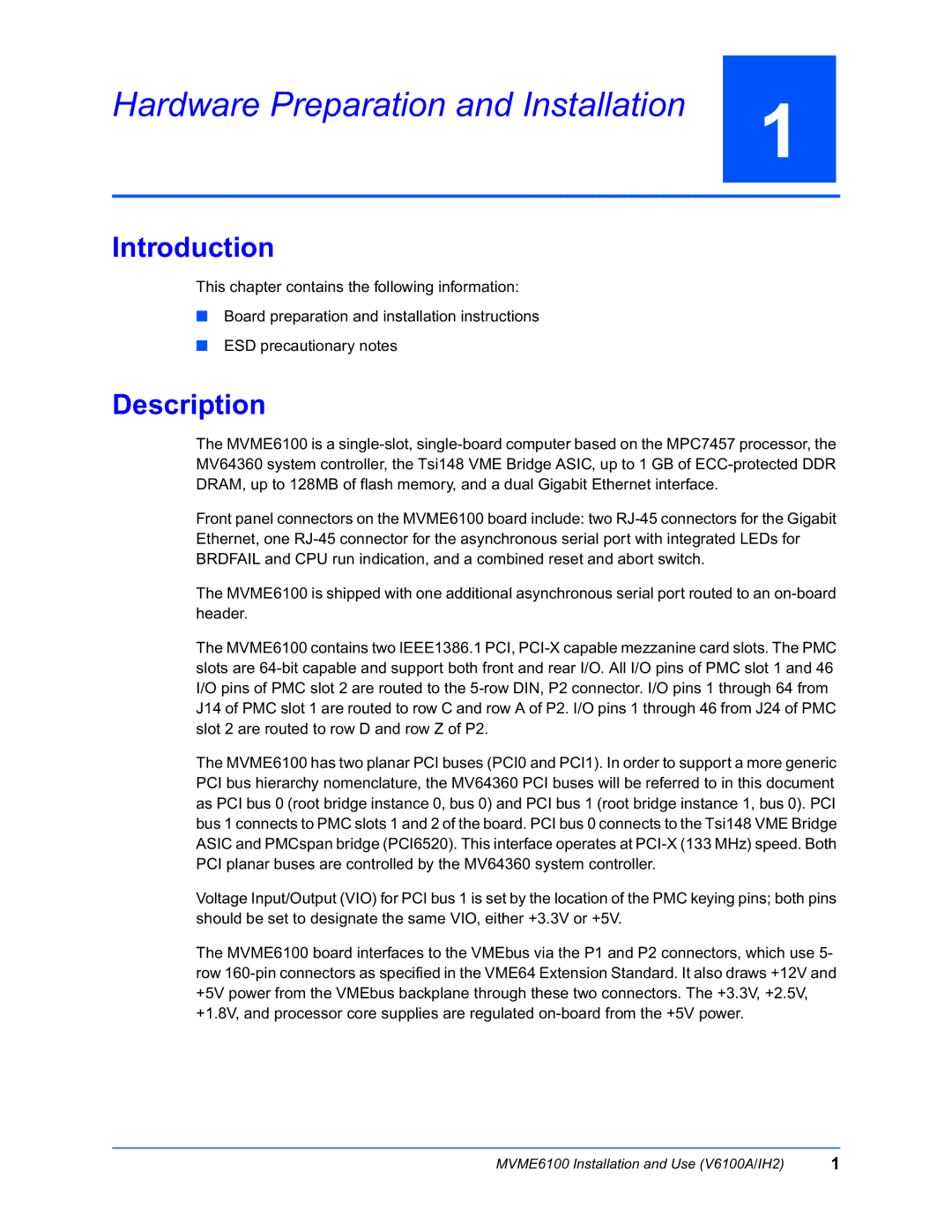 Motorola MVME6100 manual Hardware Preparation and Installation, Introduction, Description 