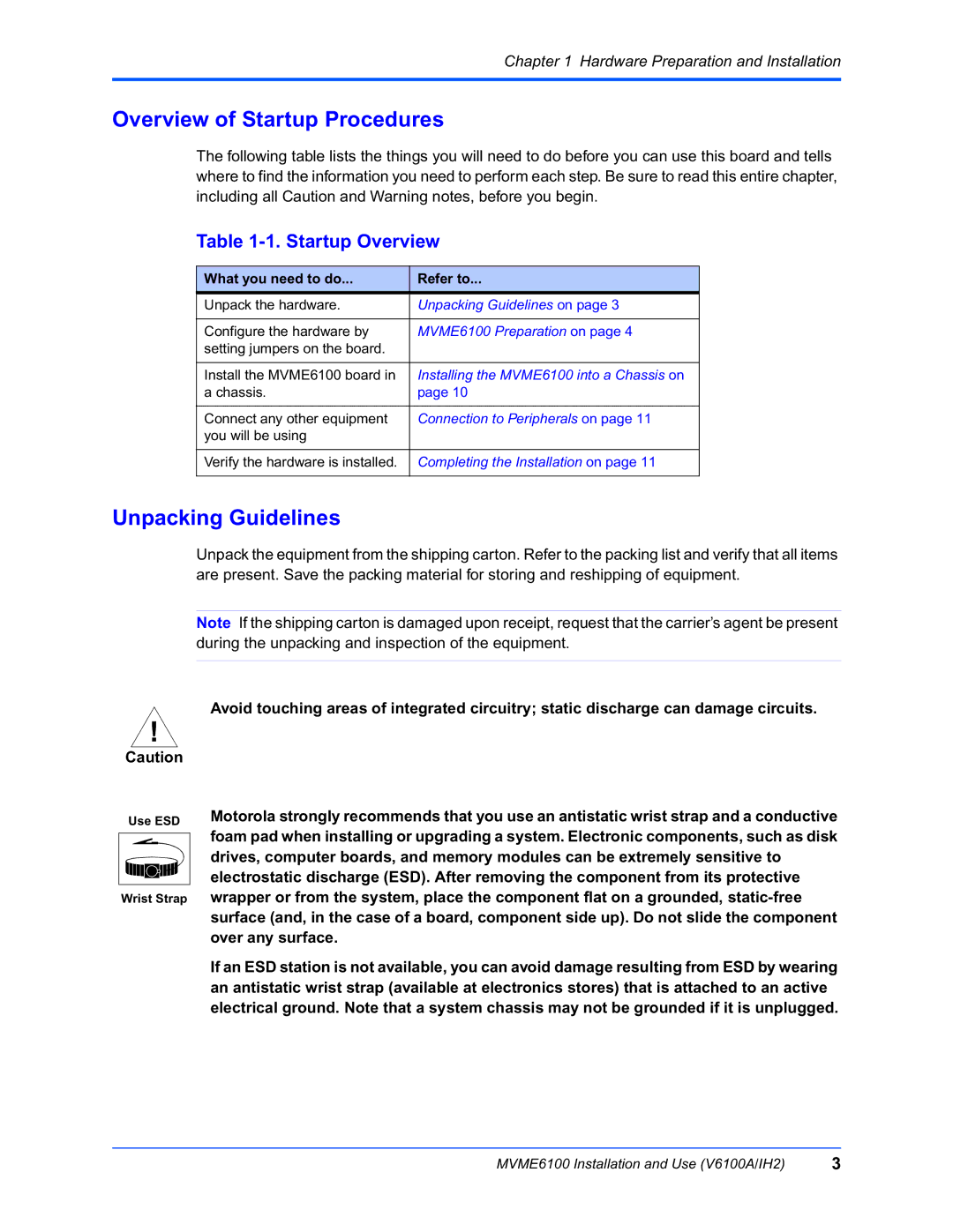 Motorola MVME6100 manual Overview of Startup Procedures, Unpacking Guidelines, Startup Overview 