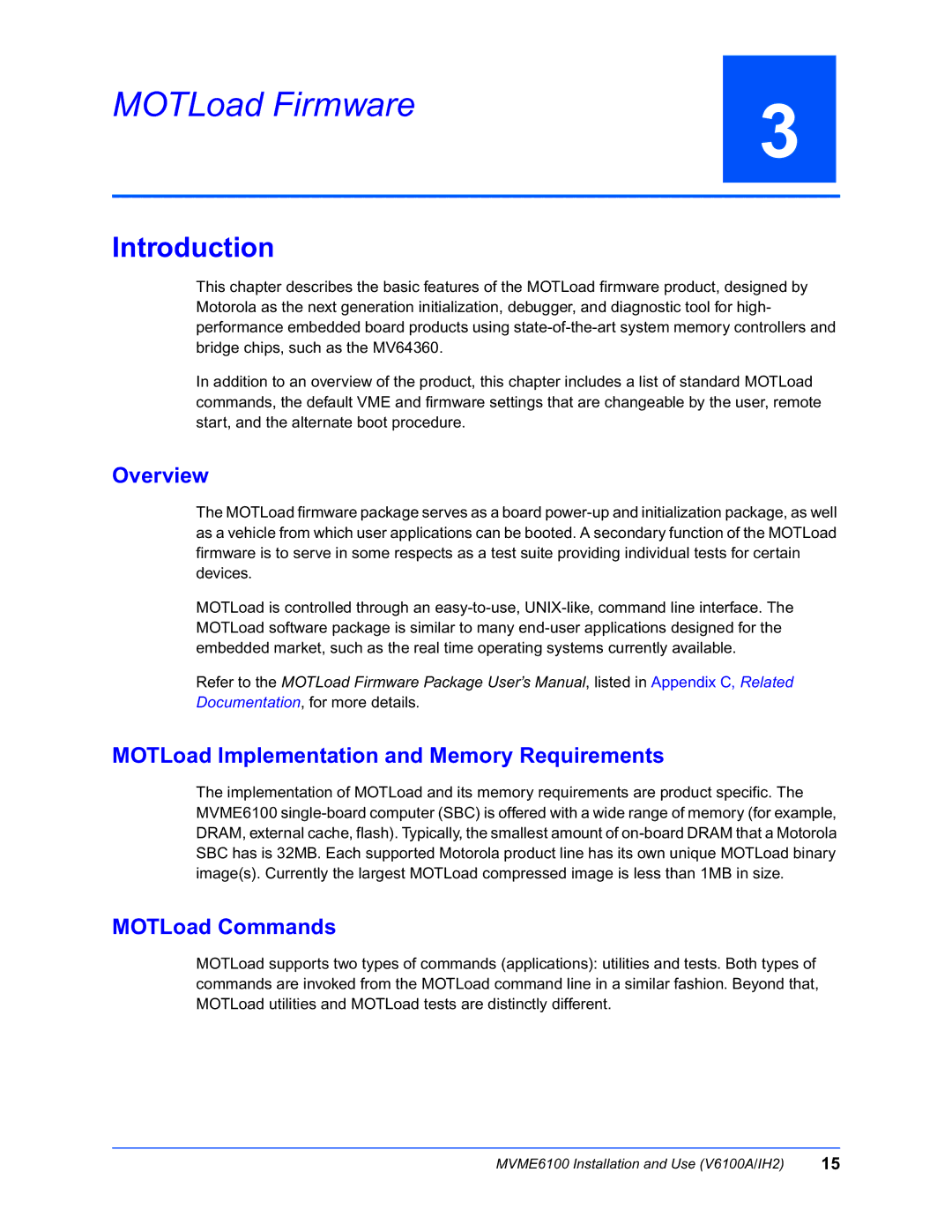 Motorola MVME6100 manual MOTLoad Firmware, Overview, MOTLoad Implementation and Memory Requirements, MOTLoad Commands 