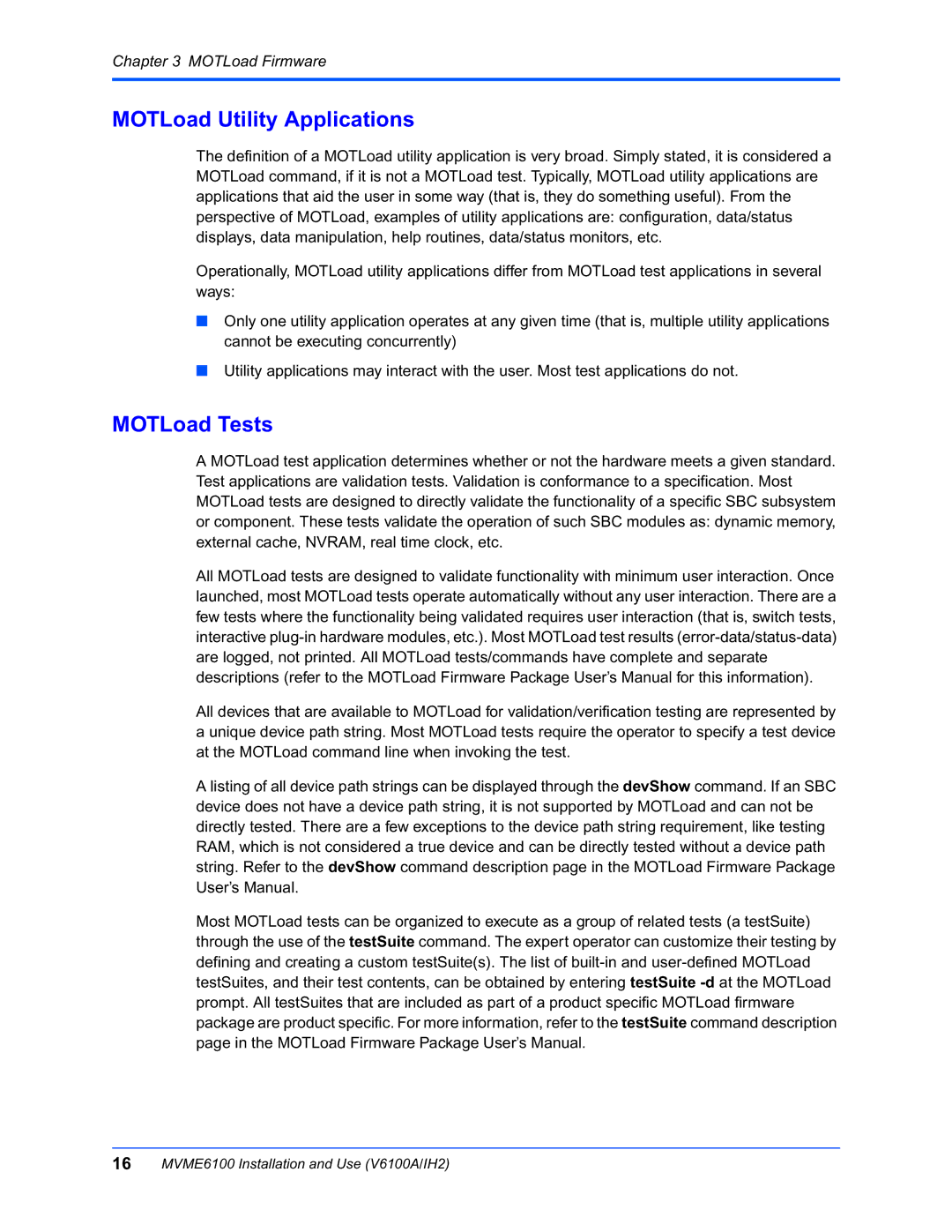 Motorola MVME6100 manual MOTLoad Utility Applications, MOTLoad Tests 