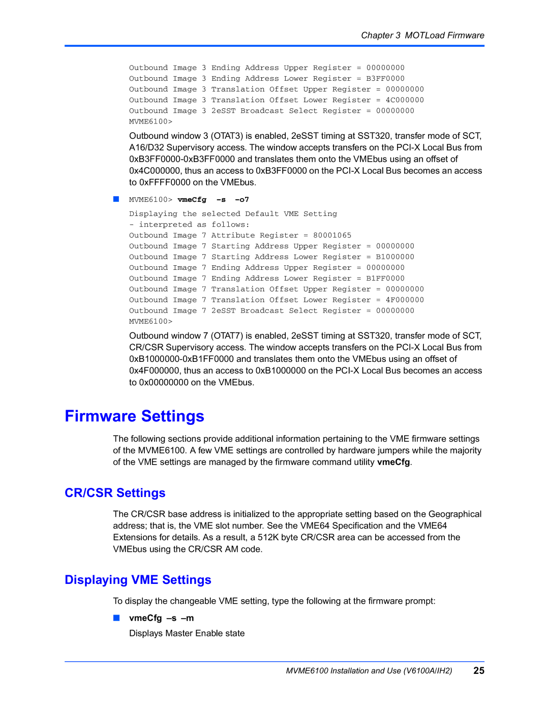 Motorola MVME6100 manual Firmware Settings, CR/CSR Settings, Displaying VME Settings 