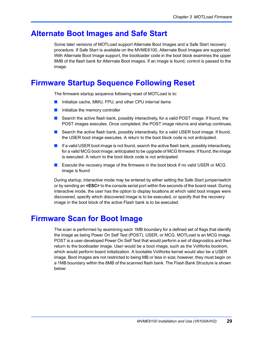 Motorola MVME6100 manual Alternate Boot Images and Safe Start, Firmware Startup Sequence Following Reset 