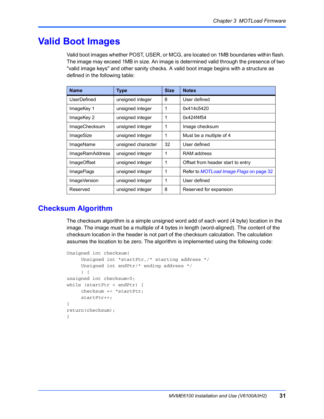 Motorola MVME6100 manual Valid Boot Images, Checksum Algorithm, Name Type Size 