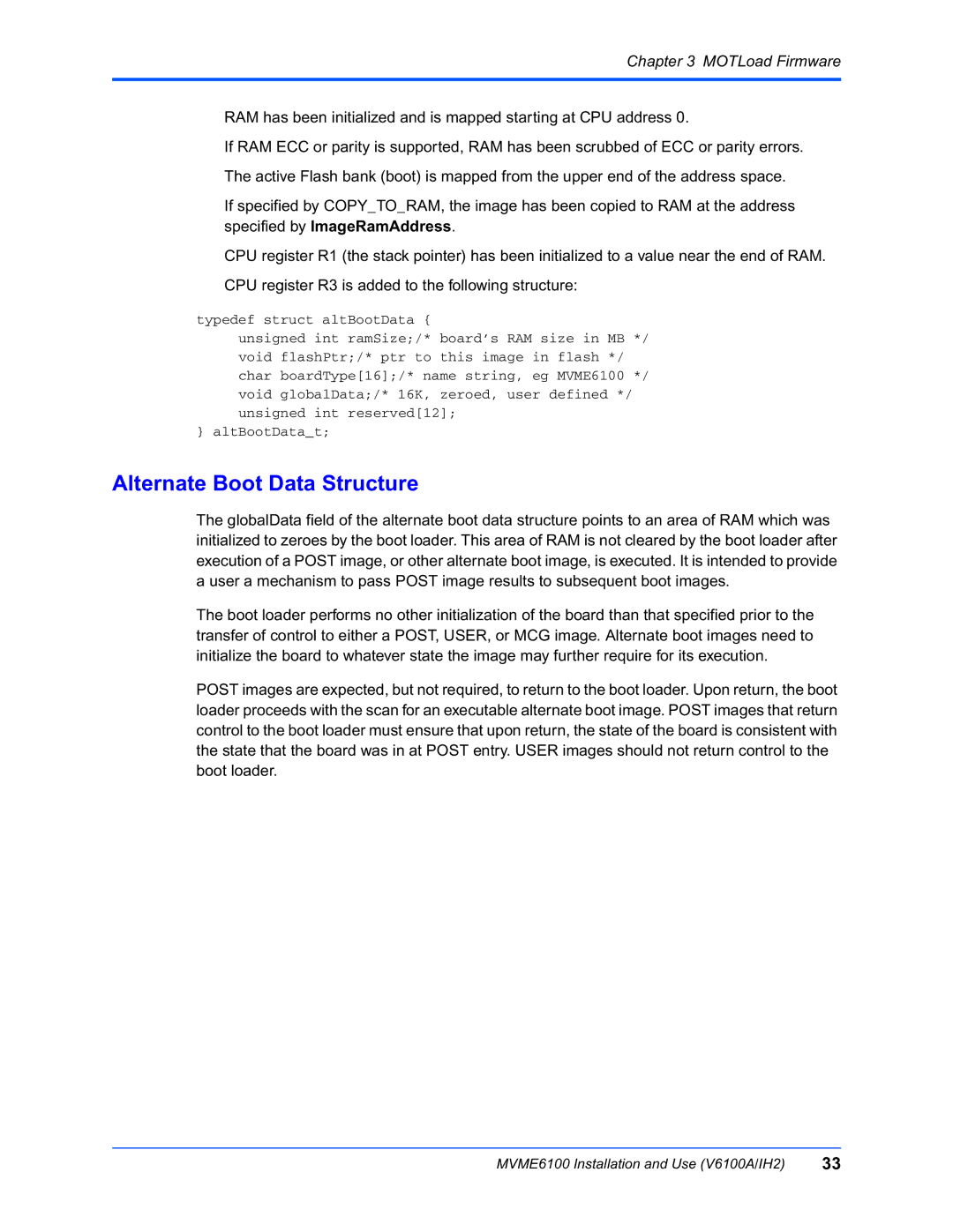 Motorola MVME6100 manual Alternate Boot Data Structure 