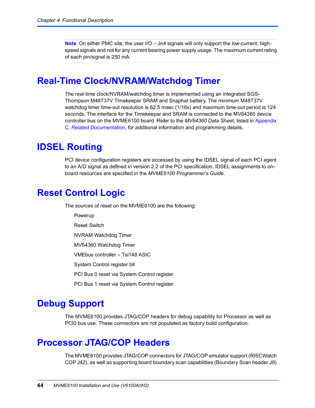 Motorola MVME6100 manual Real-Time Clock/NVRAM/Watchdog Timer, Idsel Routing, Reset Control Logic, Debug Support 