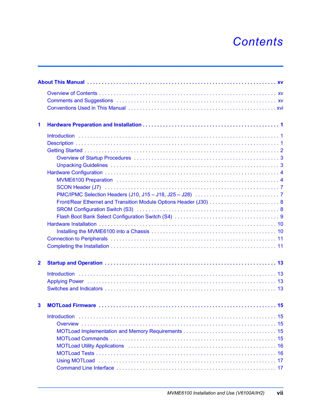 Motorola MVME6100 manual Contents 