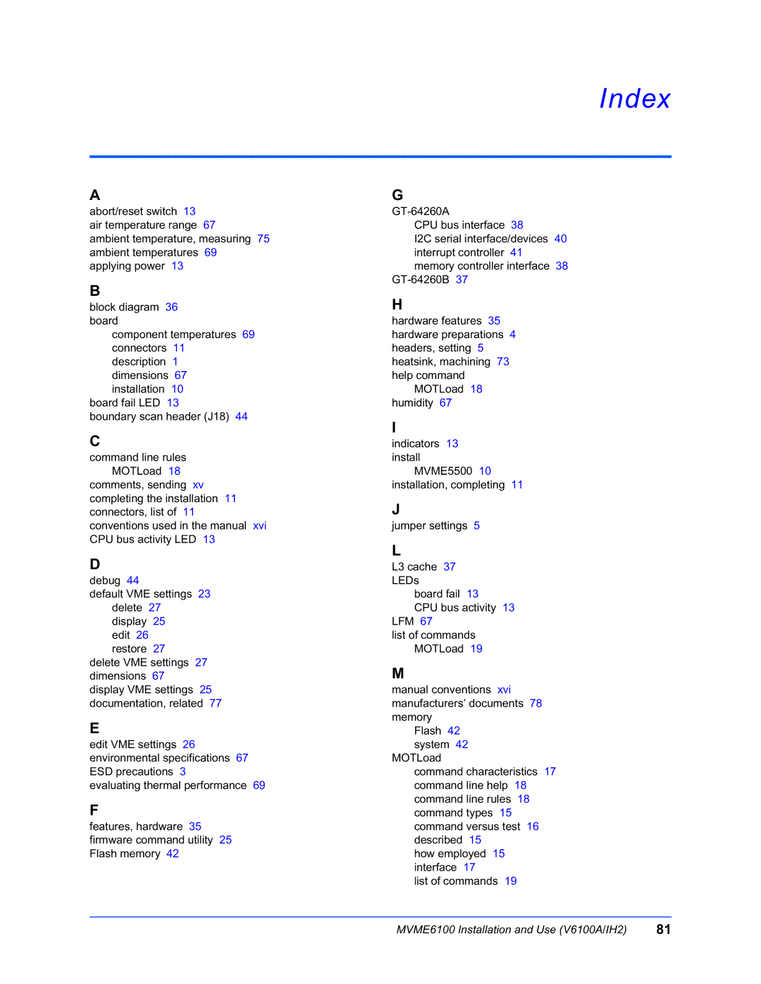 Motorola MVME6100 manual Index 