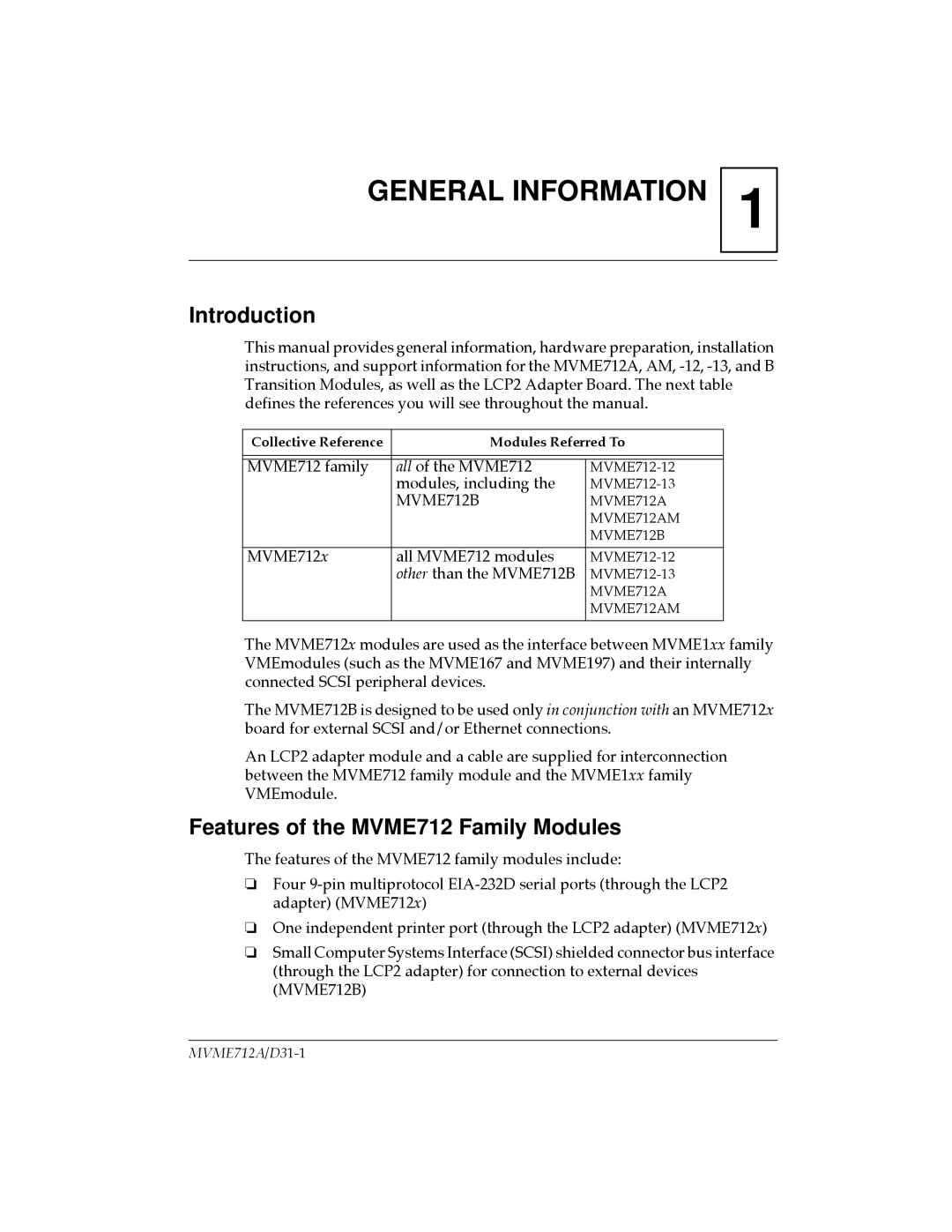 Motorola MVME712A/D3, MVME712-12, MVME712AM Introduction, Features of the MVME712 Family Modules, Collective Reference 