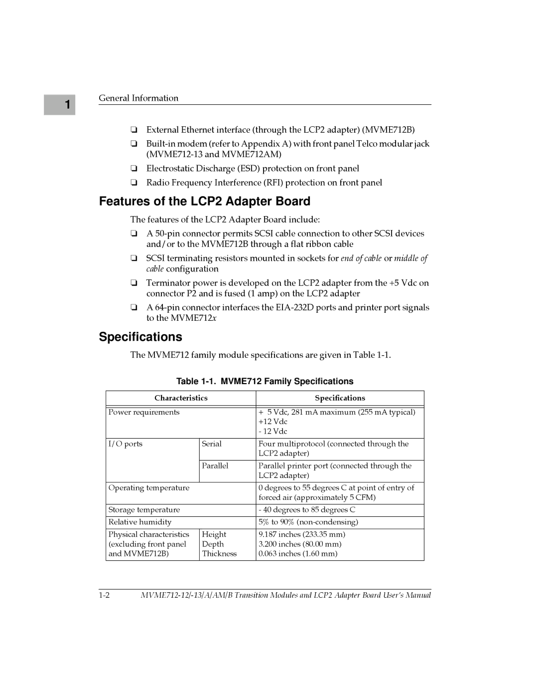 Motorola MVME712A Features of the LCP2 Adapter Board, MVME712 Family Speciﬁcations, Characteristics SpeciÞcations 