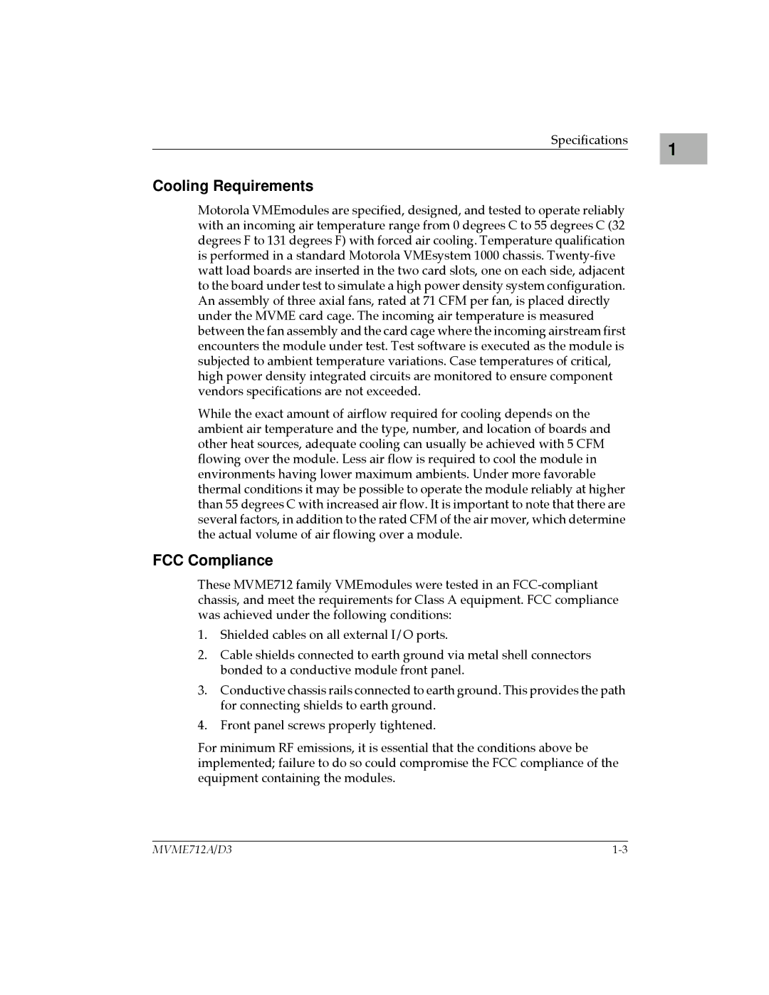 Motorola MVME712-12, MVME712A/D3, MVME712AM, MVME712B, MVME712-13 user manual Cooling Requirements, FCC Compliance 