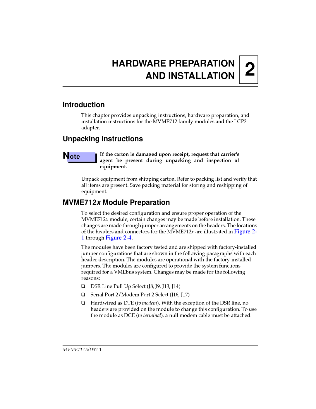 Motorola MVME712B, MVME712A/D3, MVME712-12, MVME712AM, MVME712-13 Unpacking Instructions, MVME712x Module Preparation 