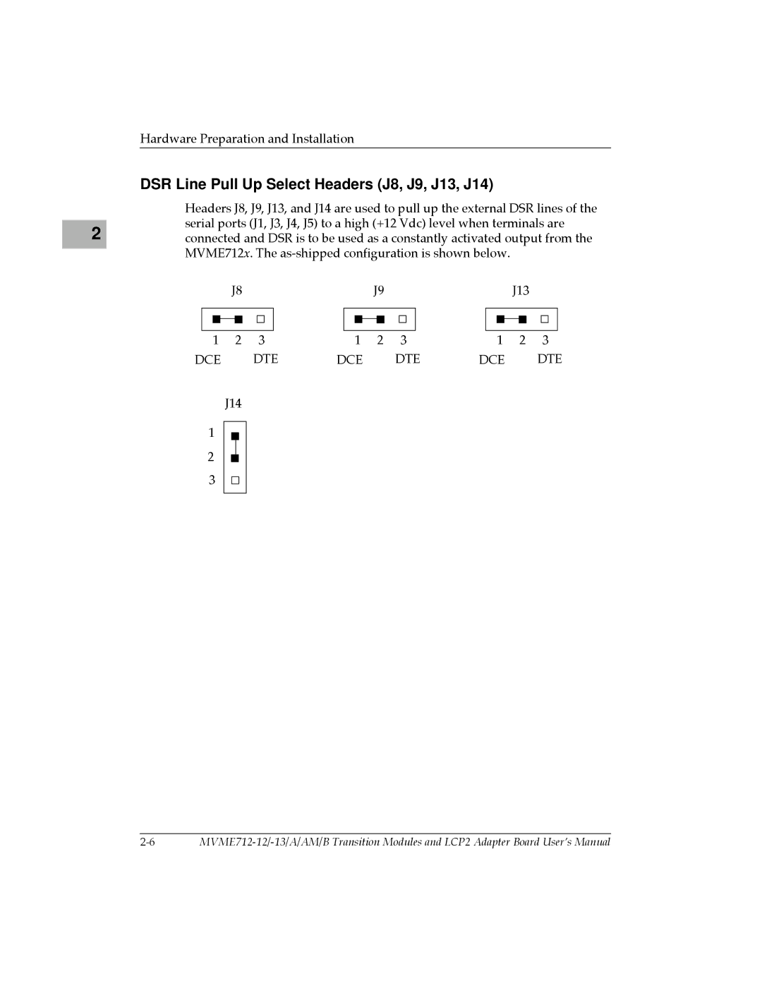 Motorola MVME712AM, MVME712A/D3, MVME712-12, MVME712B, MVME712-13 DSR Line Pull Up Select Headers J8, J9, J13, J14, Dce Dte 