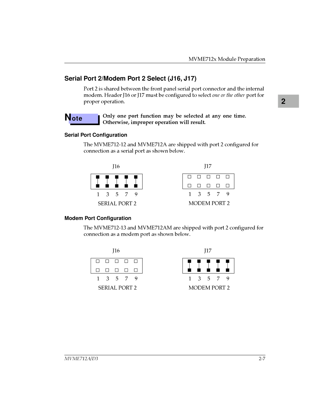 Motorola MVME712B Serial Port 2/Modem Port 2 Select J16, J17, Ote, Serial Port Conﬁguration, Modem Port Conﬁguration 