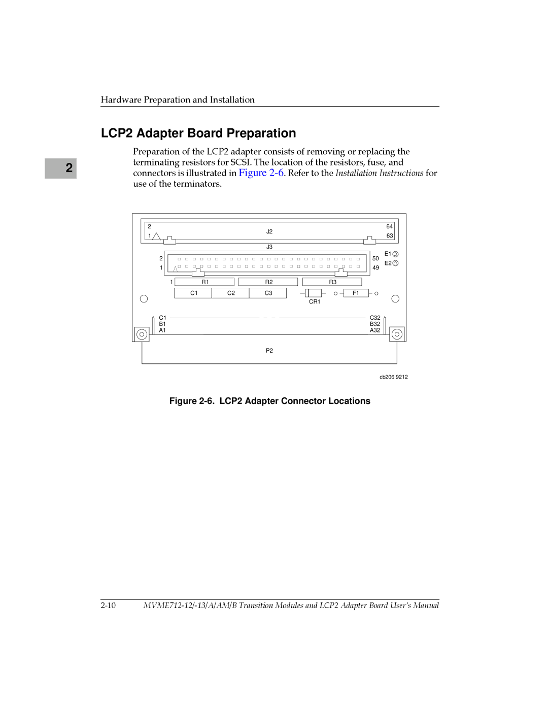 Motorola MVME712A/D3, MVME712-12, MVME712AM, MVME712B LCP2 Adapter Board Preparation, LCP2 Adapter Connector Locations 