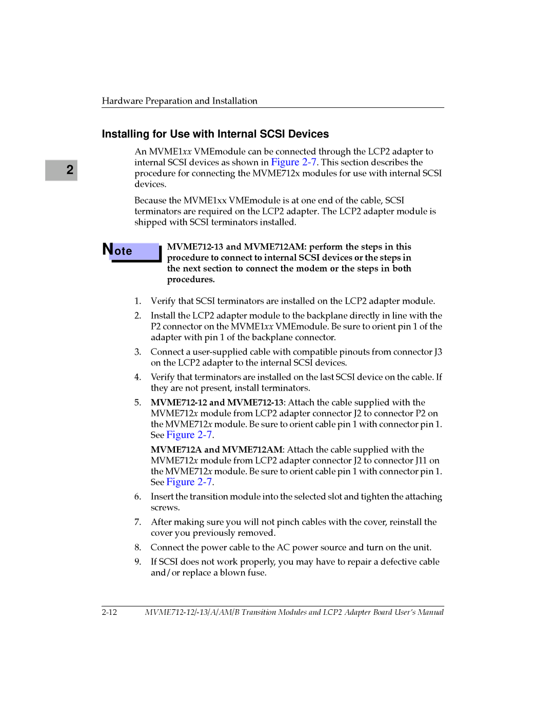 Motorola MVME712AM, MVME712A/D3, MVME712-12, MVME712B, MVME712-13 user manual Installing for Use with Internal Scsi Devices 