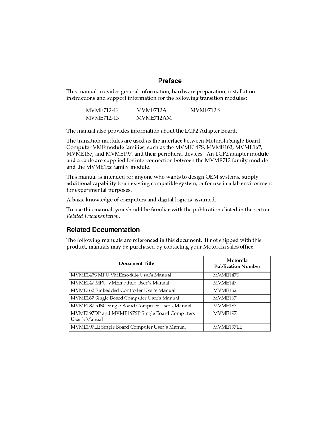 Motorola MVME712AM, MVME712A/D3, MVME712-12 Preface, Related Documentation, Document Title Motorola Publication Number 