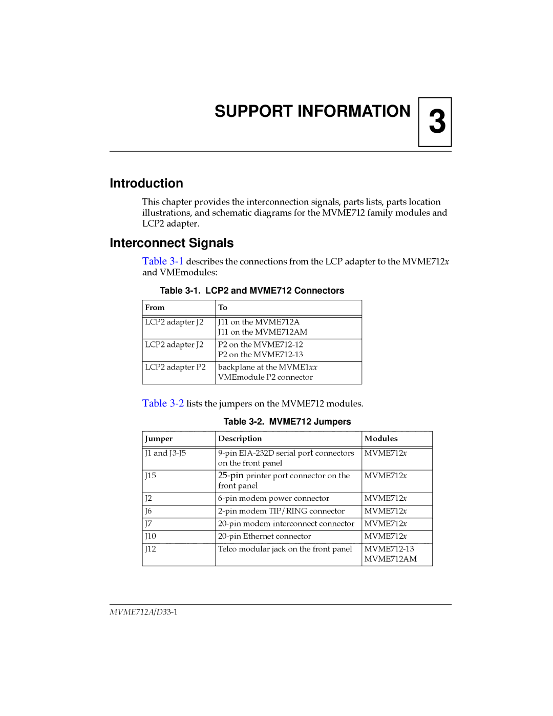 Motorola MVME712B Interconnect Signals, LCP2 and MVME712 Connectors, MVME712 Jumpers, From, Jumper Description Modules 