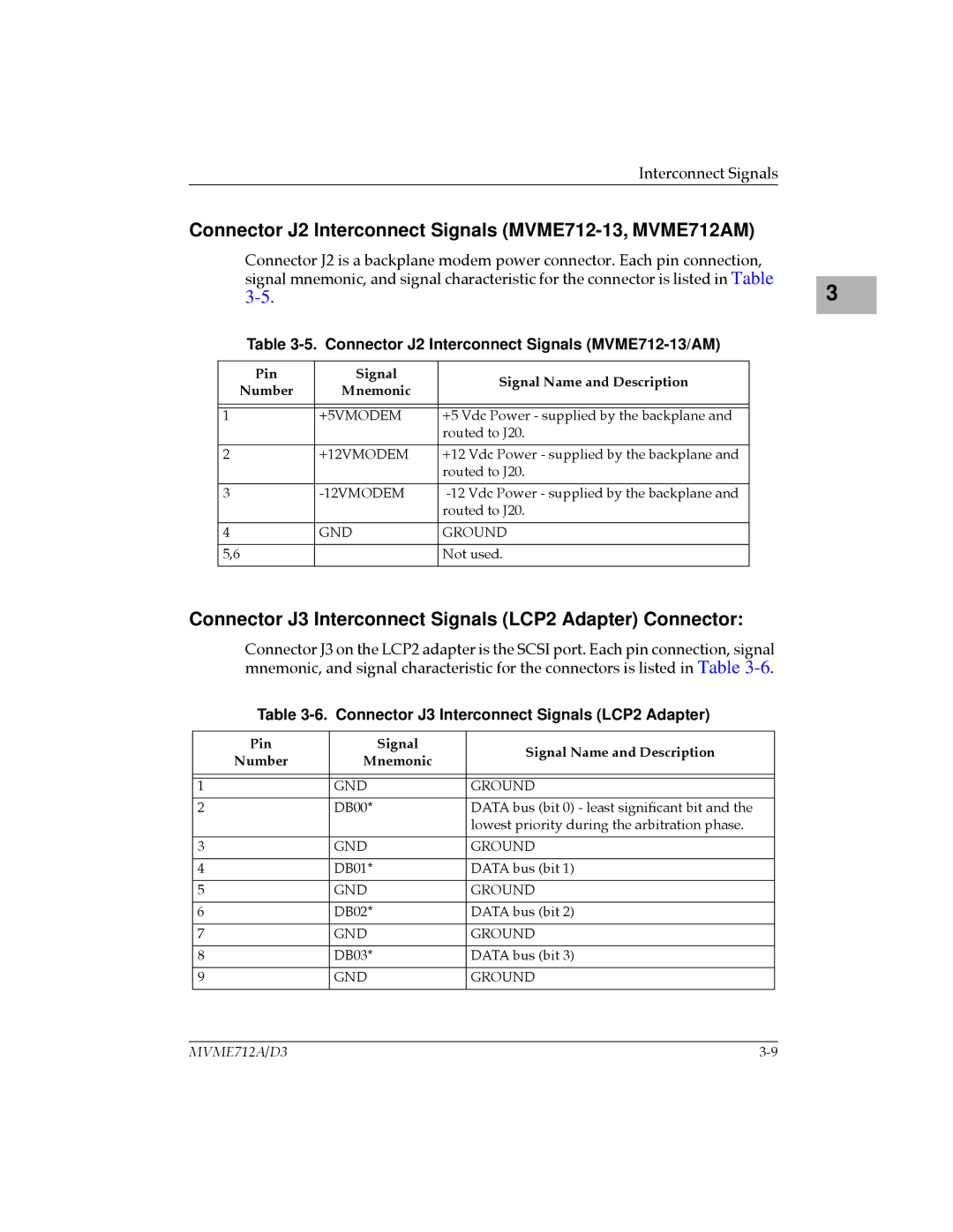 Motorola MVME712A/D3, MVME712-12, MVME712B user manual Connector J2 Interconnect Signals MVME712-13, MVME712AM 