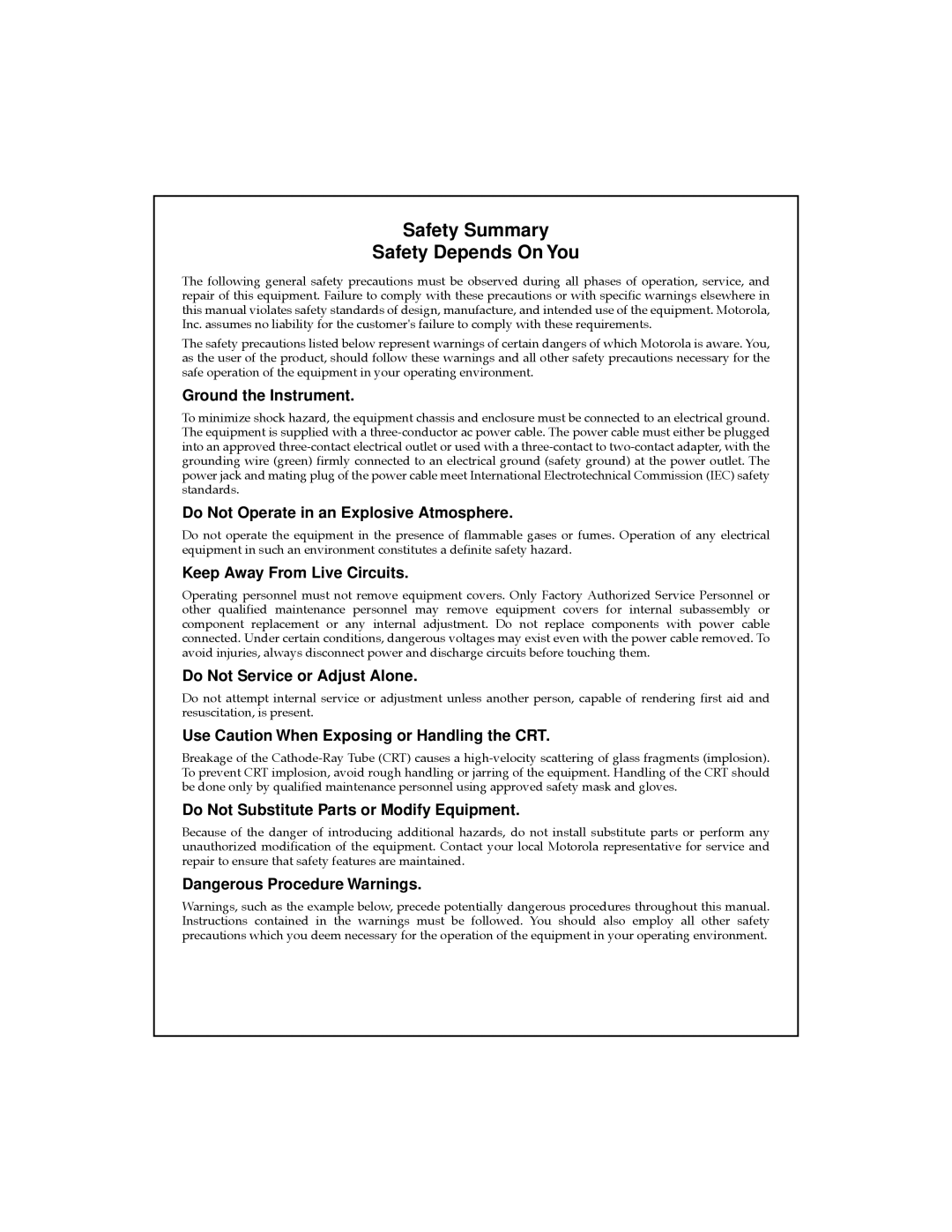 Motorola MVME712A/D3, MVME712-12, MVME712AM, MVME712B, MVME712-13 user manual Safety Summary Safety Depends On You 