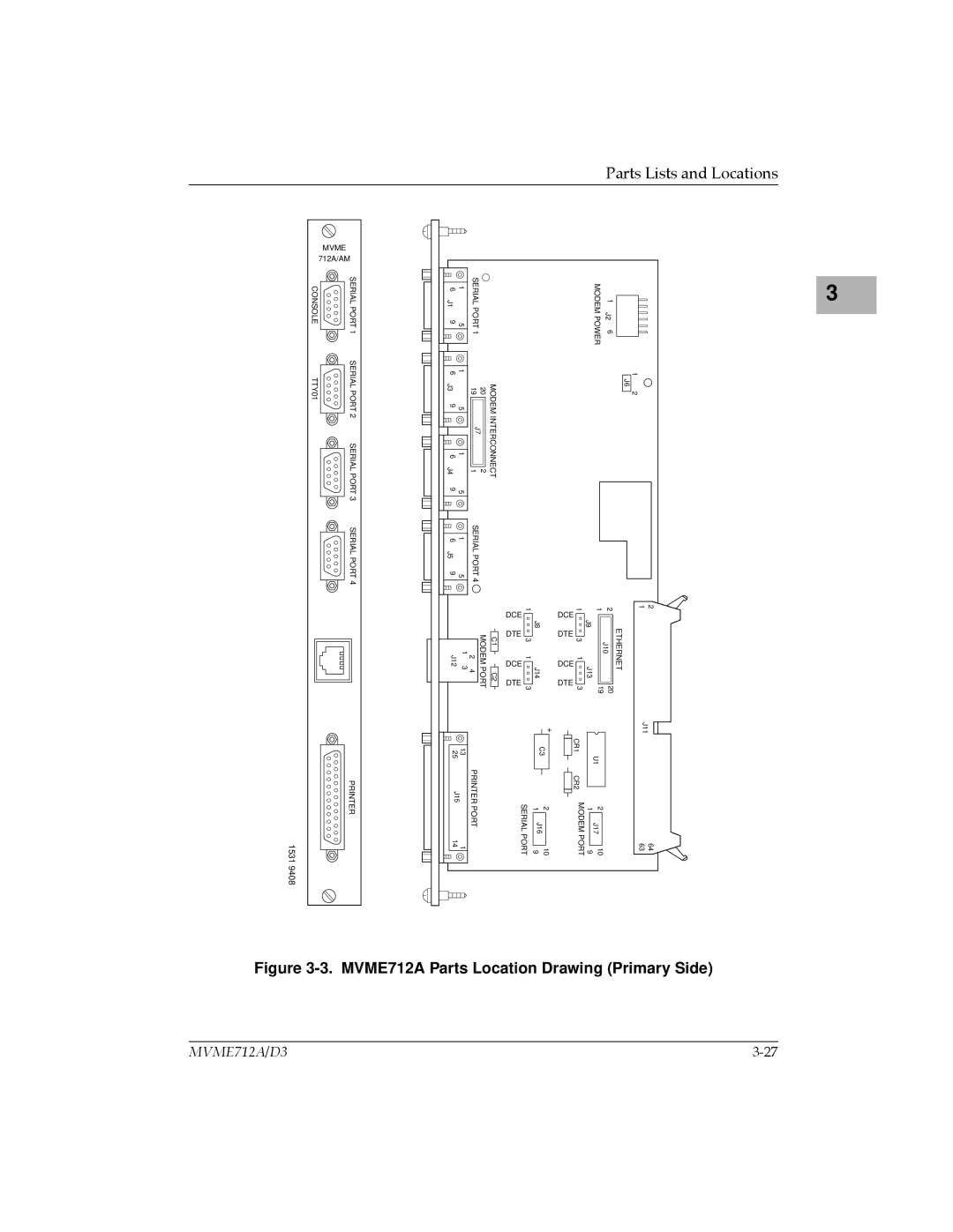 Motorola MVME712A/D3, MVME712-12, MVME712AM, MVME712B, MVME712-13 DrawingFigure 3-3. MVME712A Parts LocationPrimary Side 