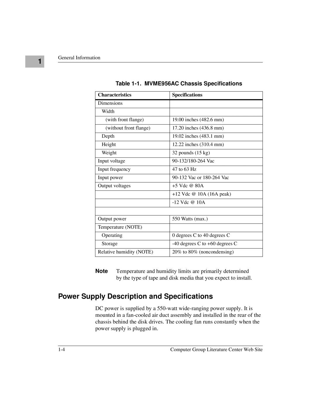 Motorola MVME956UM2 user manual Power Supply Description and Specifications, MVME956AC Chassis Specifications 