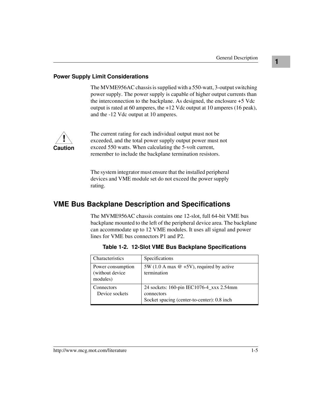 Motorola MVME956UM2, MVME956AC VME Bus Backplane Description and Specifications, Power Supply Limit Considerations 
