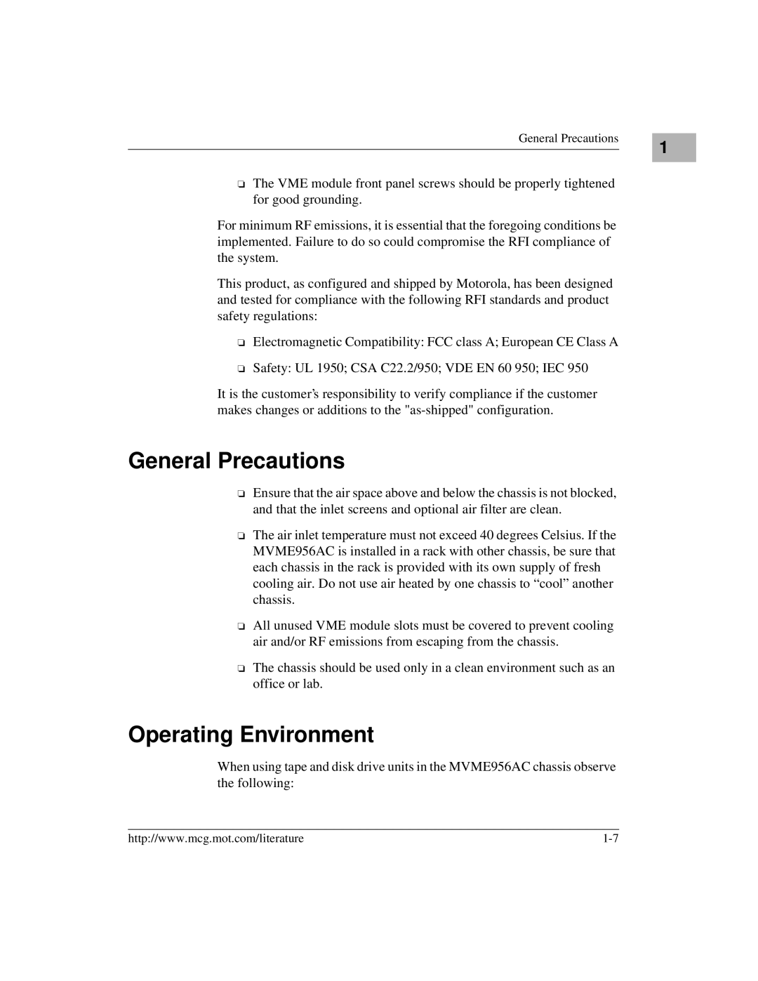 Motorola MVME956UM2, MVME956AC user manual General Precautions, Operating Environment 