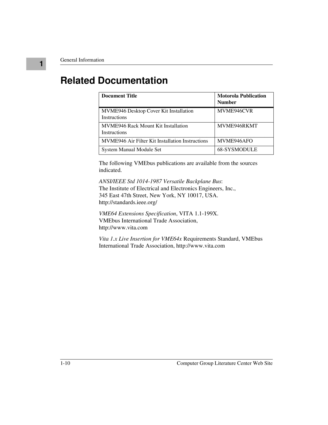 Motorola MVME956AC, MVME956UM2 user manual Related Documentation, Document Title Motorola Publication Number 