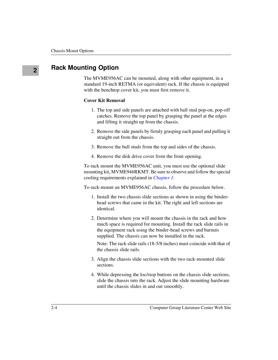 Motorola MVME956AC, MVME956UM2 user manual Rack Mounting Option, Cover Kit Removal 