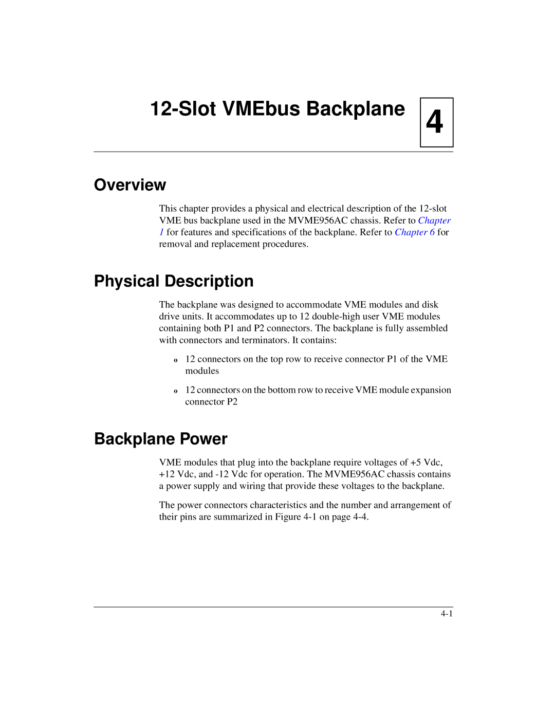 Motorola MVME956AC, MVME956UM2 user manual Physical Description, Backplane Power 