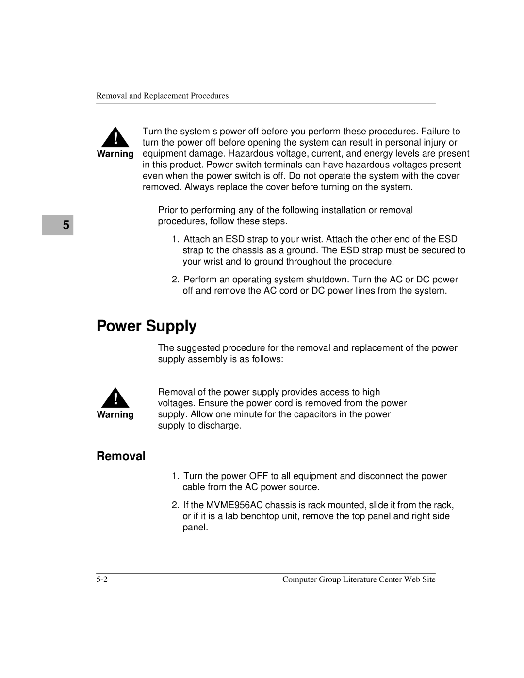 Motorola MVME956UM2, MVME956AC user manual Power Supply, Removal 