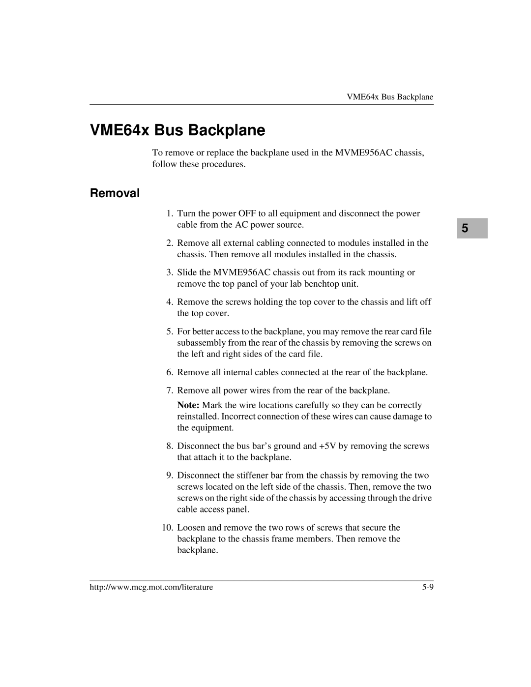 Motorola MVME956AC, MVME956UM2 user manual VME64x Bus Backplane, Removal 