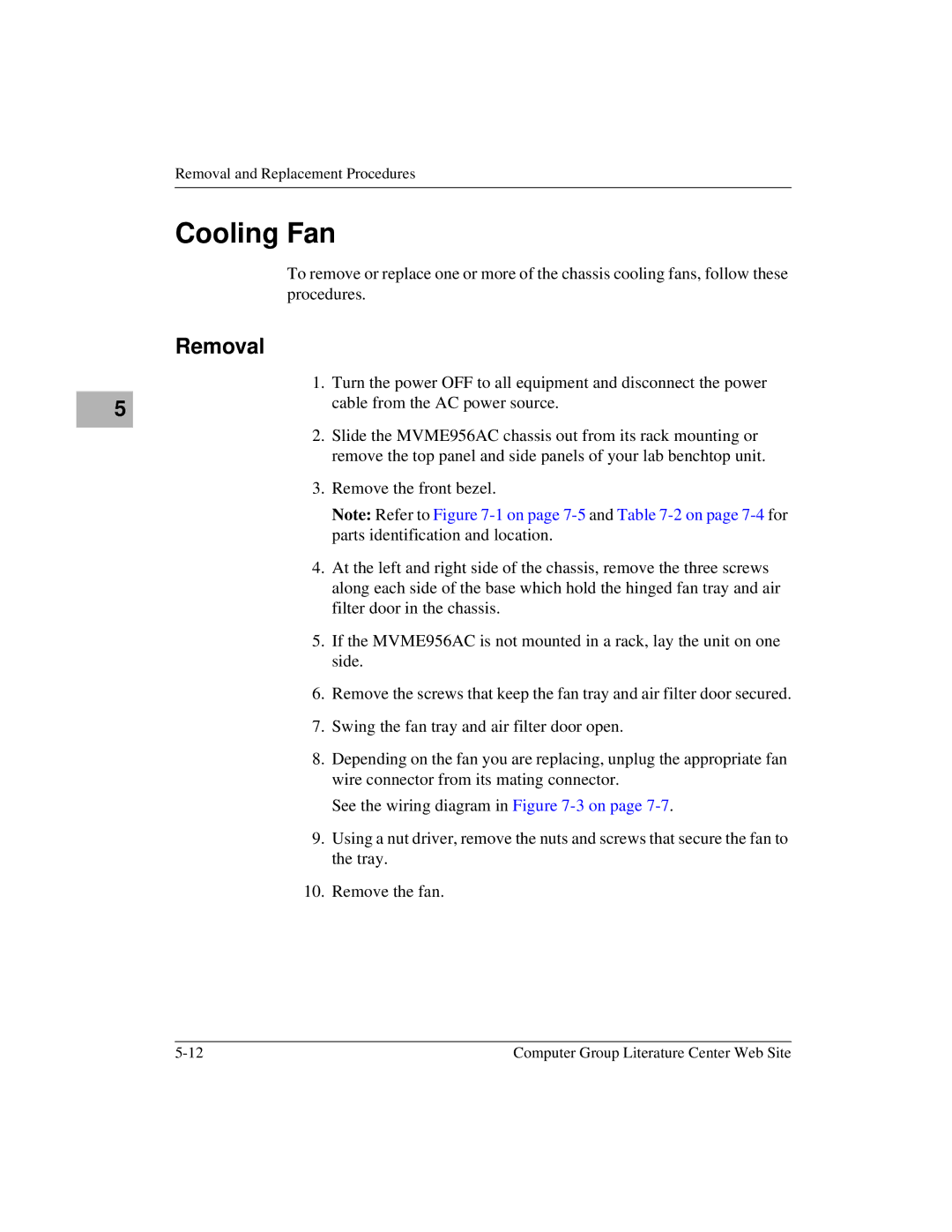 Motorola MVME956UM2, MVME956AC user manual Cooling Fan, Removal 